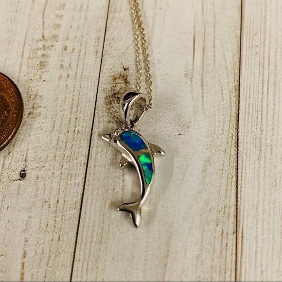 Sterling Silver Opal Dolphin Necklace - Picture 2 of 4
